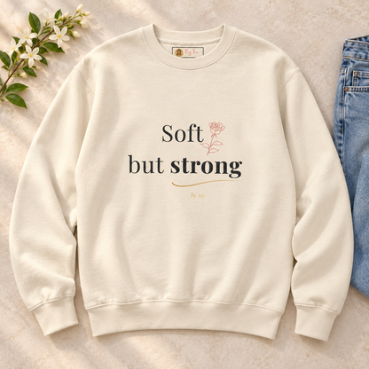 Soft but Strong bone crewneck — flat lay mockup.