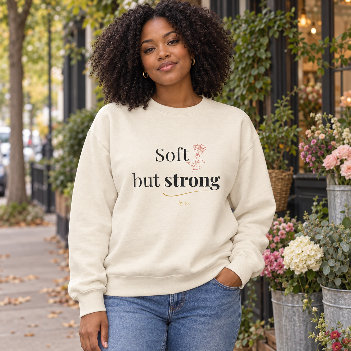 Soft but Strong bone crewneck — flower shop lifestyle mockup.