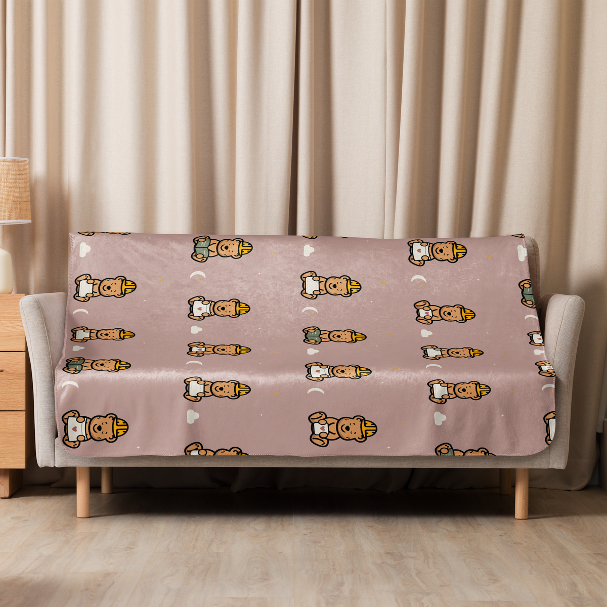 Sleepy Tee Bear Sherpa Throw Blanket — Dusty Blush — draped room view