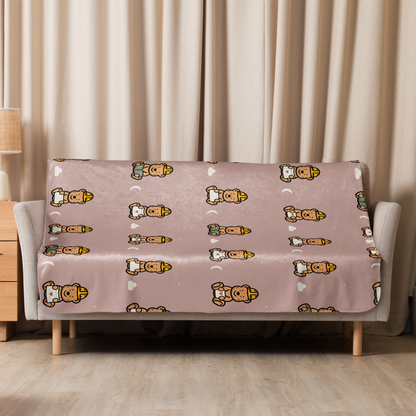 Sleepy Tee Bear Sherpa Throw Blanket — Dusty Blush — draped room view