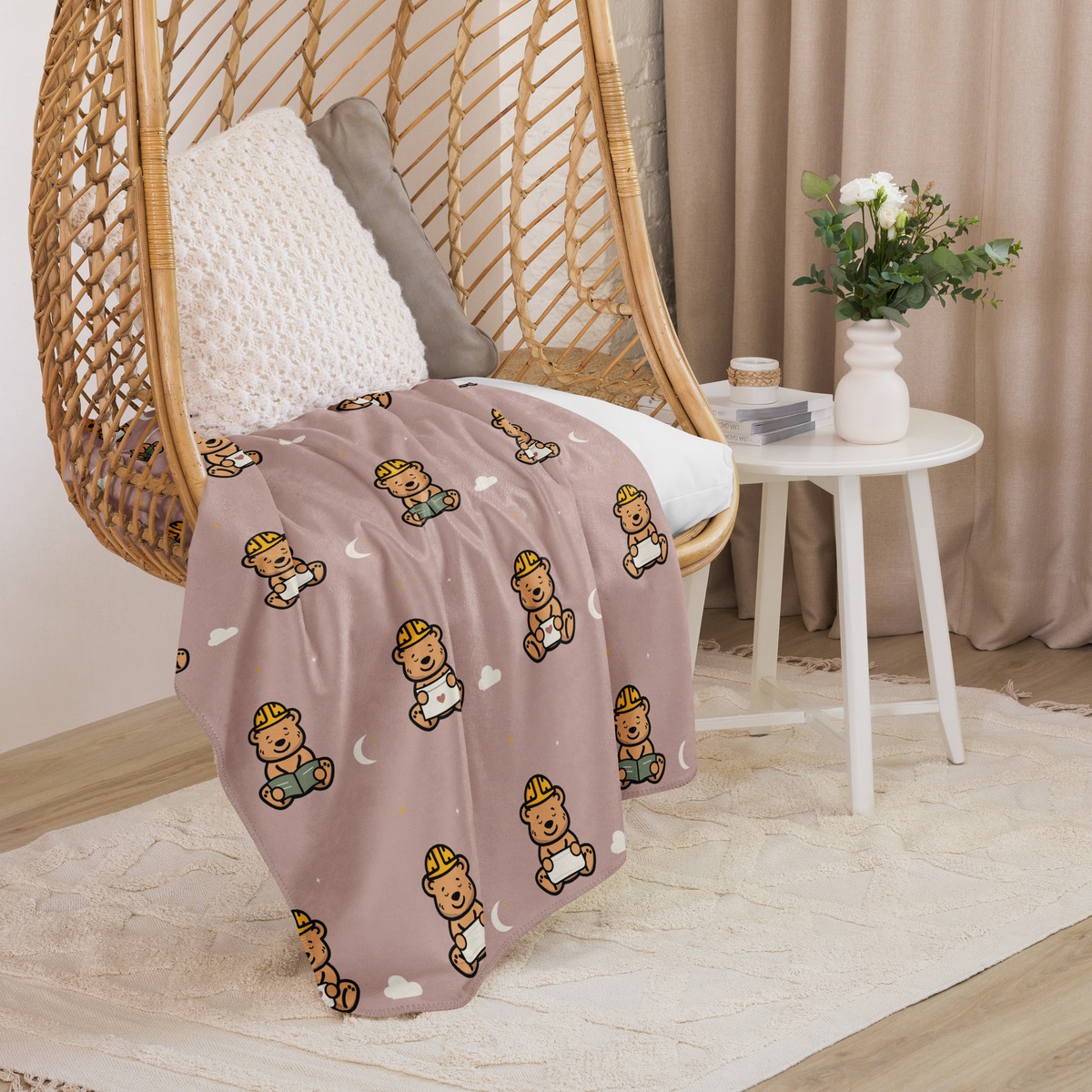 Sleepy Tee Bear Sherpa Throw Blanket — Dusty Blush — alternate draped room view