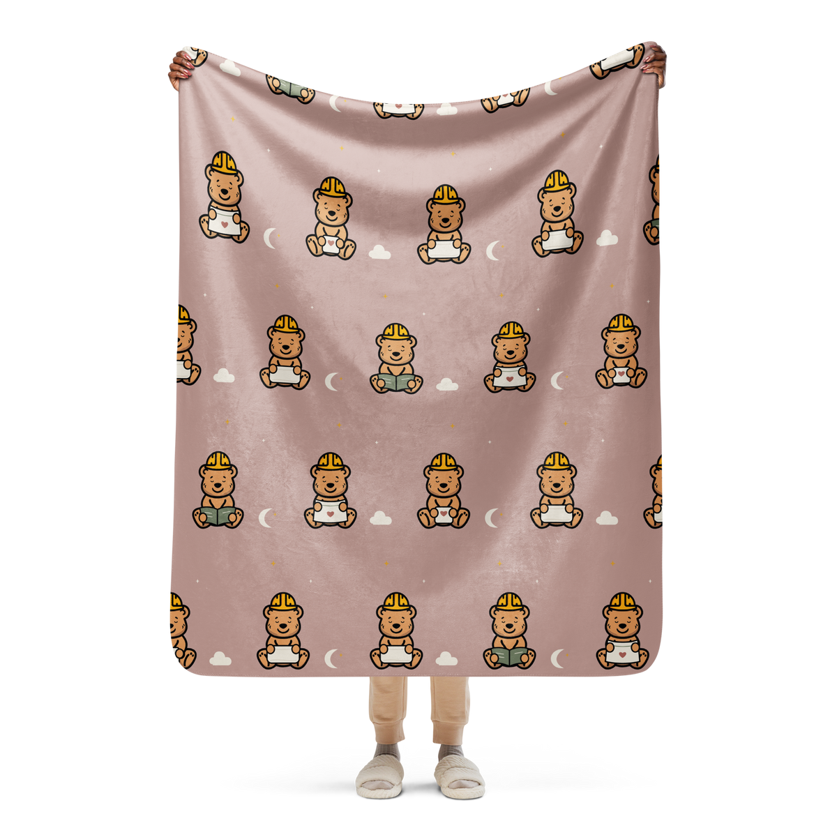 Sleepy Tee Bear Sherpa Throw Blanket — Dusty Blush — held open to show the artwork