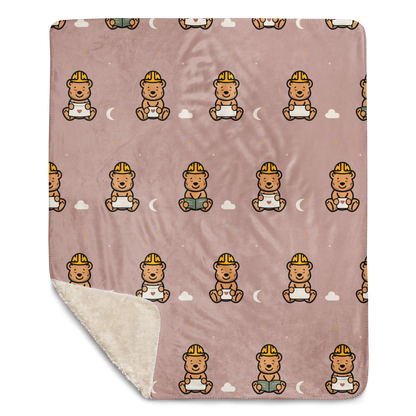 Sleepy Tee Bear Sherpa Throw Blanket — Dusty Blush — printed front with the sherpa reverse turned back
