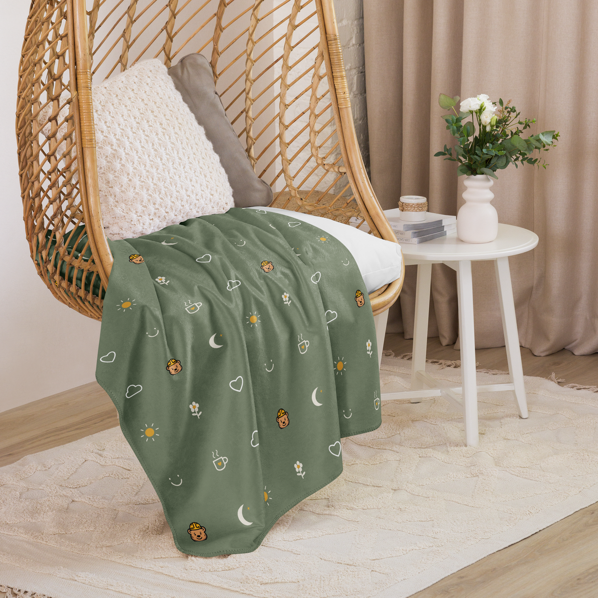 Small Moments Sherpa Throw Blanket — Muted Sage — alternate draped room view