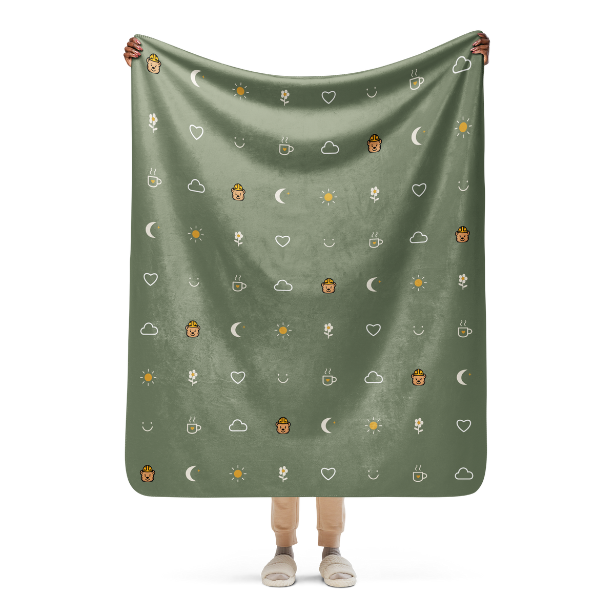 Small Moments Sherpa Throw Blanket — Muted Sage — held open to show the artwork