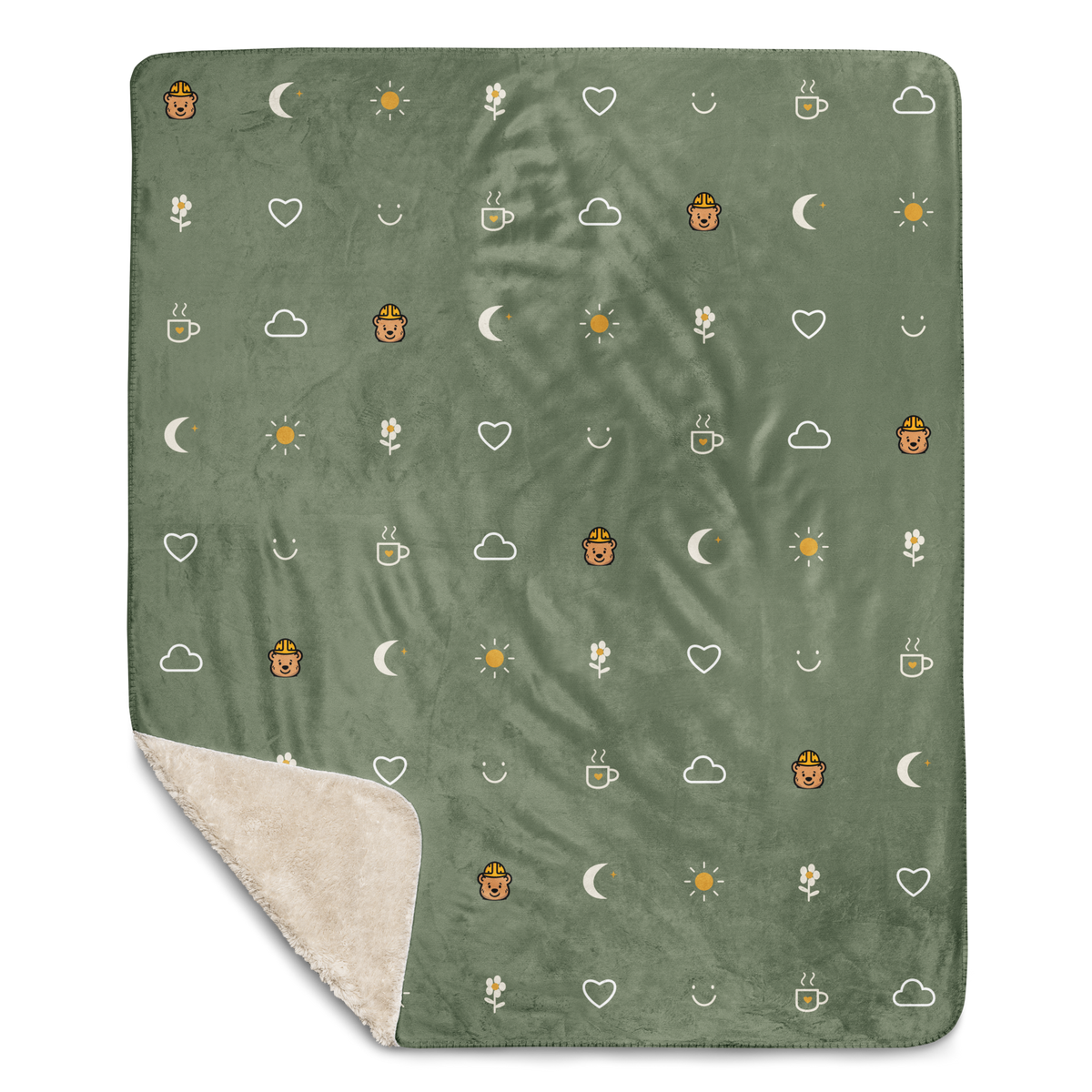 Small Moments Sherpa Throw Blanket — Muted Sage — printed front with the sherpa reverse turned back