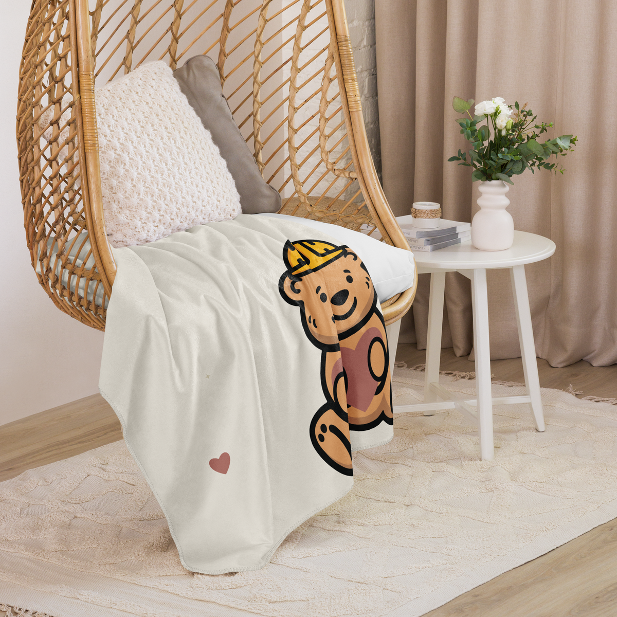 Tee Bear Hug Sherpa Throw Blanket — Warm Cream — draped room view