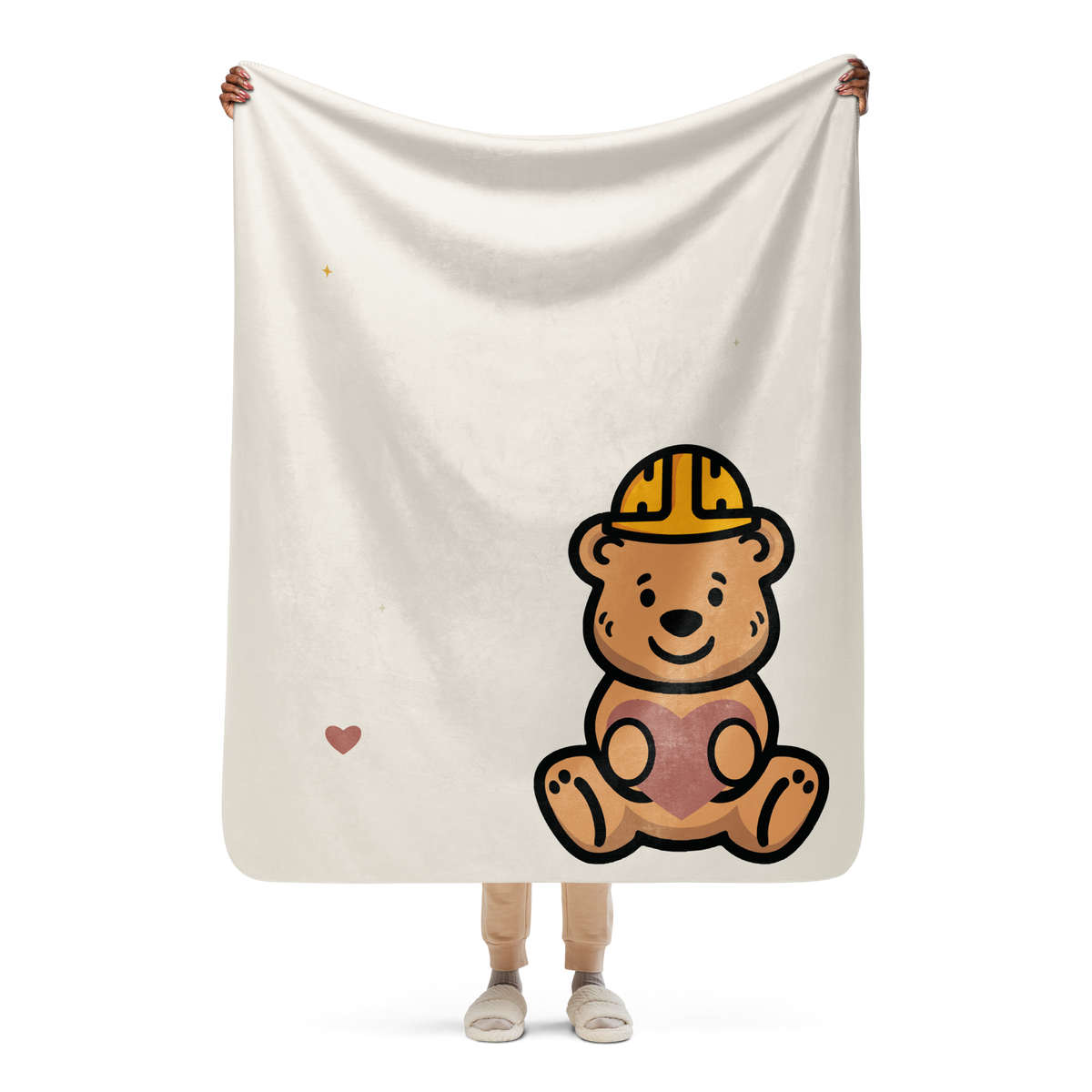 Tee Bear Hug Sherpa Throw Blanket — Warm Cream — held open to show the artwork
