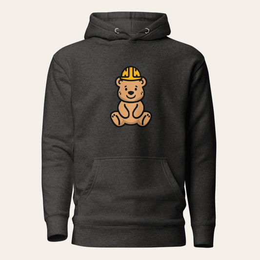 By Tee Charcoal Everyday Hoodie front with seated hard-hat Tee Bear chest print