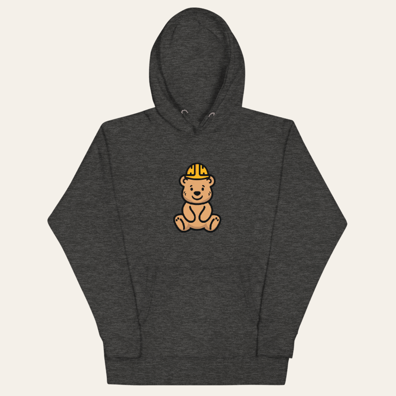 Charcoal Heather Everyday Hoodie laid flat, with hood and centered Tee Bear print