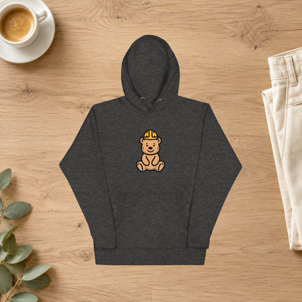 Charcoal Everyday Hoodie styled with ivory trousers and coffee in a weekend flatlay mockup
