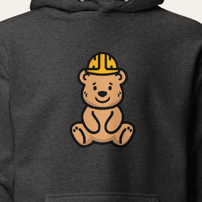 Tee Bear hard-hat chest print detail on the Charcoal Everyday Hoodie