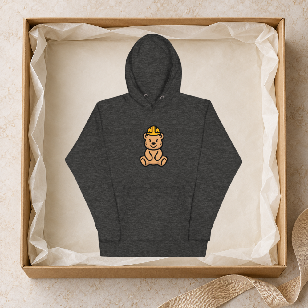 Charcoal Everyday Hoodie gift styling mockup; box and ribbon are props, not included