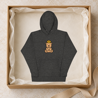 Charcoal Everyday Hoodie gift styling mockup; box and ribbon are props, not included