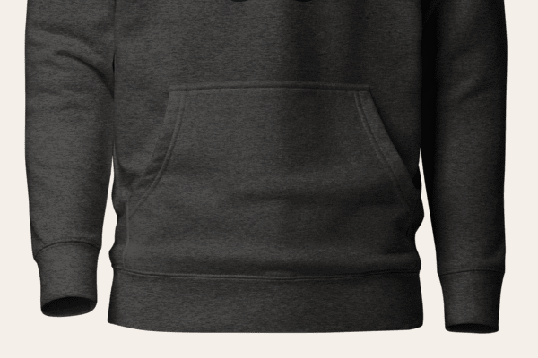 Kangaroo pocket, ribbed cuff and hem detail of the Charcoal Everyday Hoodie