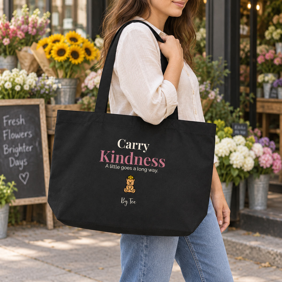 carry kindness tote 1 — flower market carry mockup.