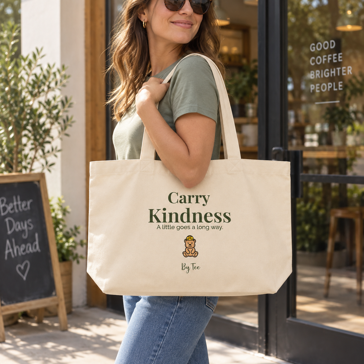 carry kindness tote — cafe carry mockup.