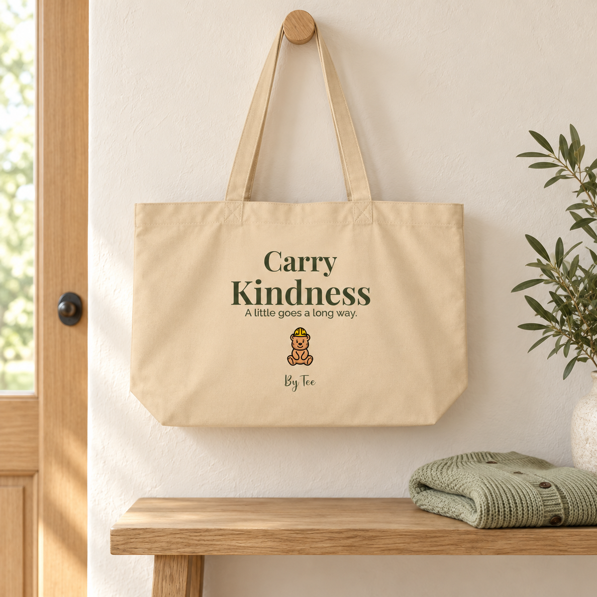 carry kindness tote — entryway still life mockup.