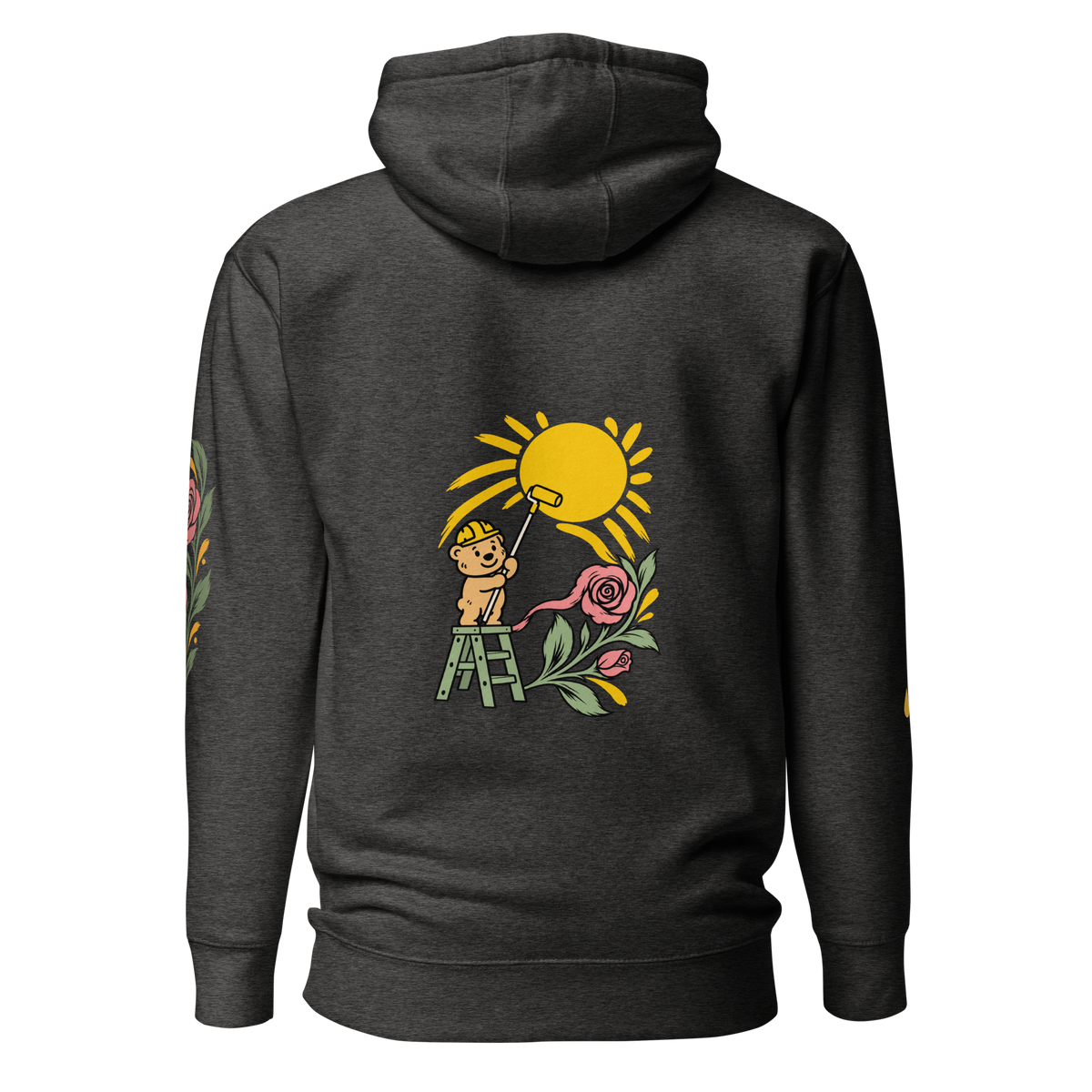 Making Room Charcoal Heather hoodie back with Tee Bear painting a golden sun beside pink roses