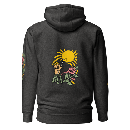 Making Room Charcoal Heather hoodie back with Tee Bear painting a golden sun beside pink roses