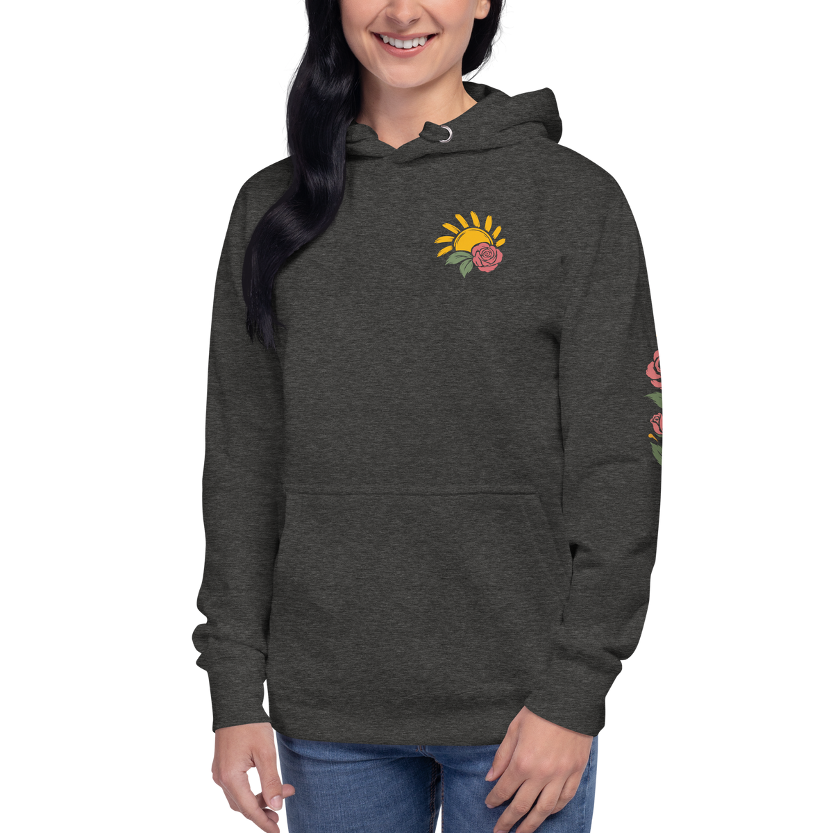 Making Room Rose & Sun Graphic Hoodie — Charcoal Heather — front view