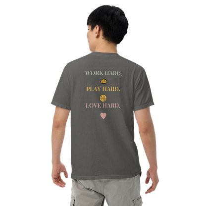 Model wearing the Pepper Work Hard Icons relaxed-fit T-shirt, showing the back slogan and helmet, basketball with a bear-head emblem, and heart.