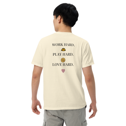 Model wearing the Ivory Work Hard Icons relaxed-fit T-shirt, showing the back slogan and helmet, basketball with a bear-head emblem, and heart.