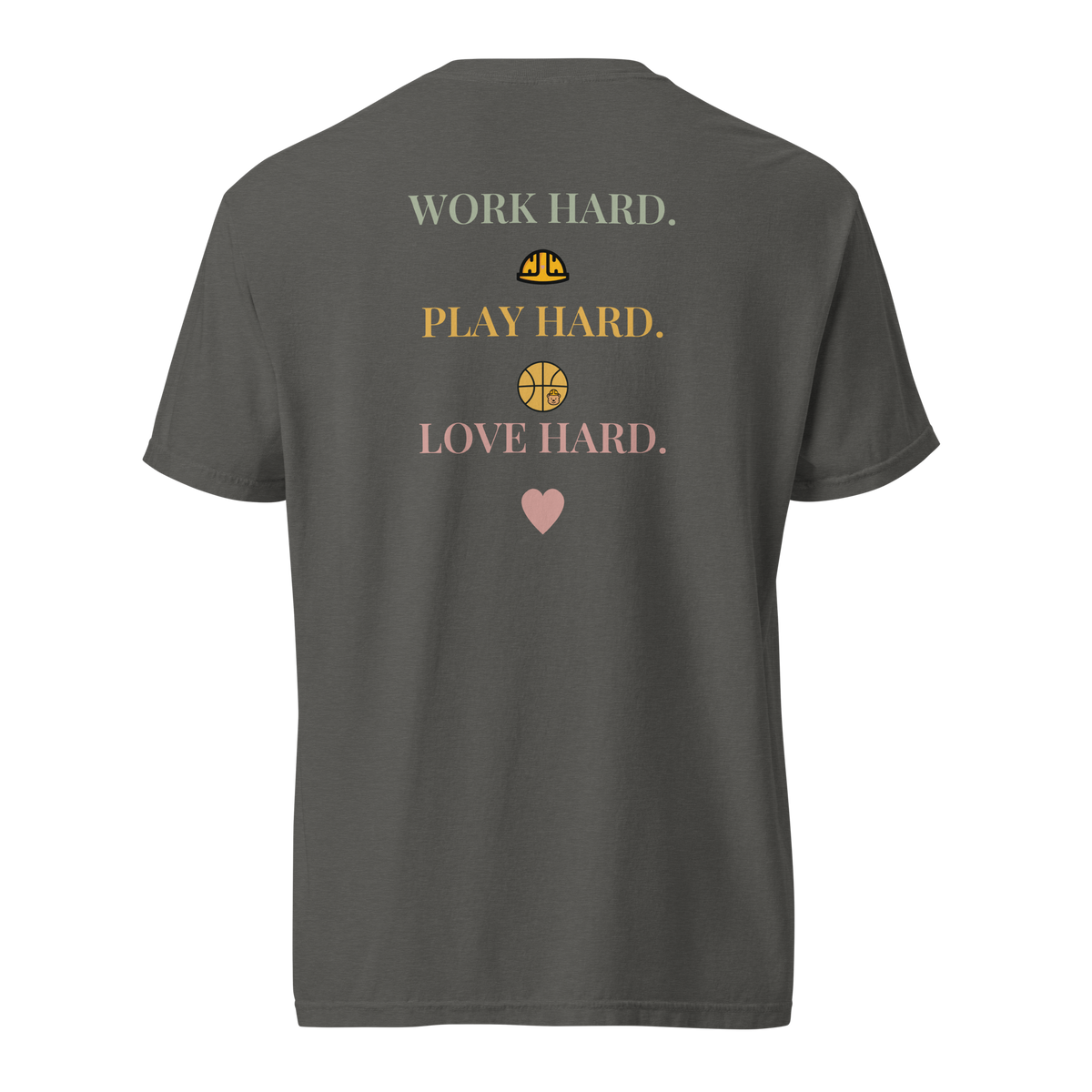 Back view of the Pepper Work Hard Icons relaxed-fit T-shirt, showing the back slogan and helmet, basketball with a bear-head emblem, and heart.