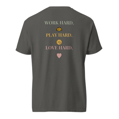 Back view of the Pepper Work Hard Icons relaxed-fit T-shirt, showing the back slogan and helmet, basketball with a bear-head emblem, and heart.