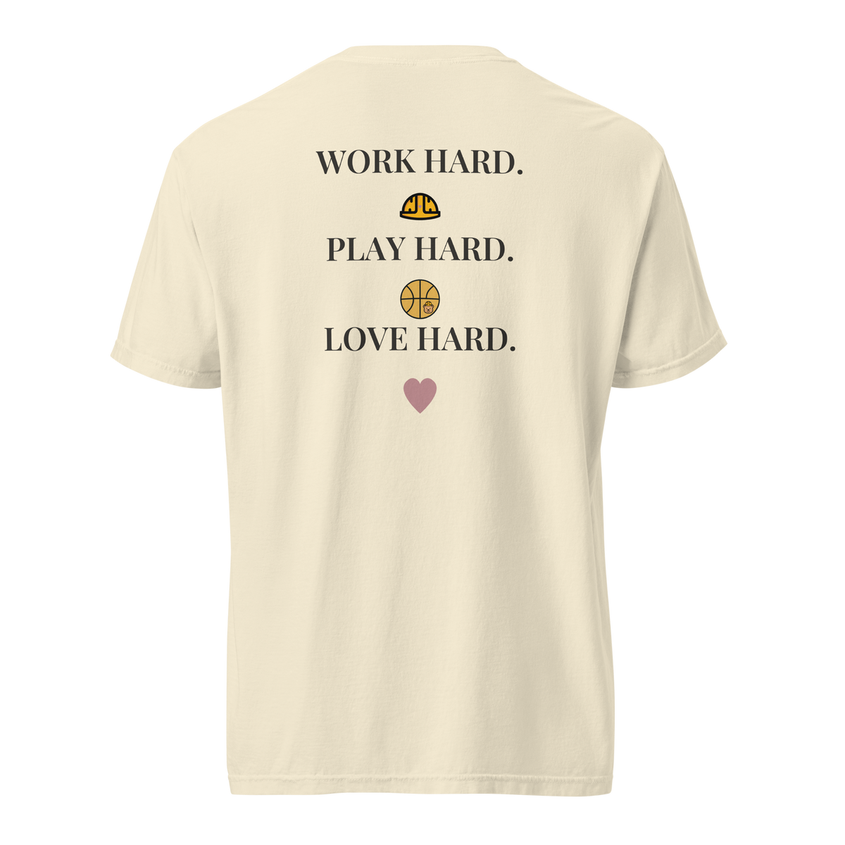 Back view of the Ivory Work Hard Icons relaxed-fit T-shirt, showing the back slogan and helmet, basketball with a bear-head emblem, and heart.