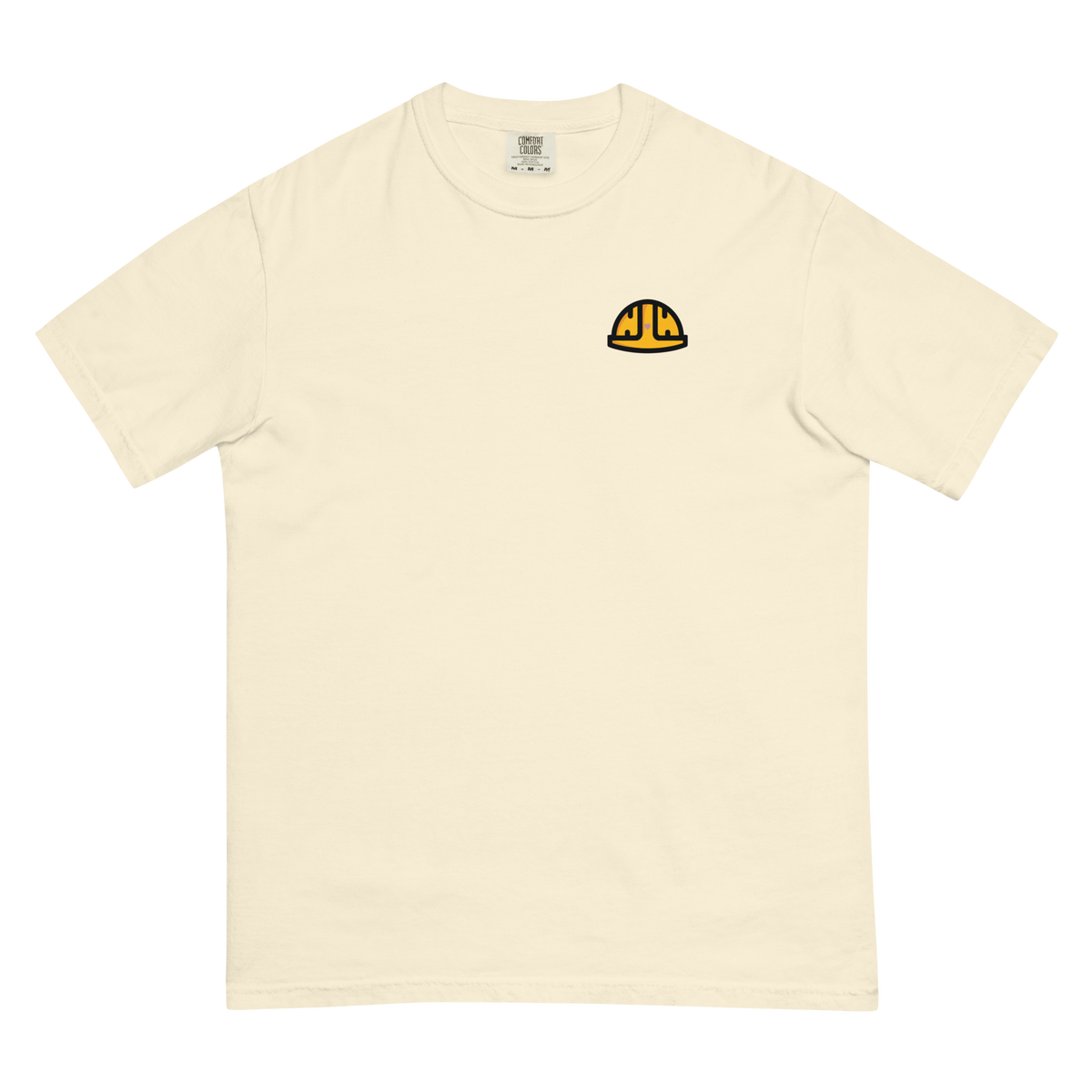 Flat front view of the Ivory Work Hard Icons relaxed-fit T-shirt with the original yellow helmet on the wearer-left chest.
