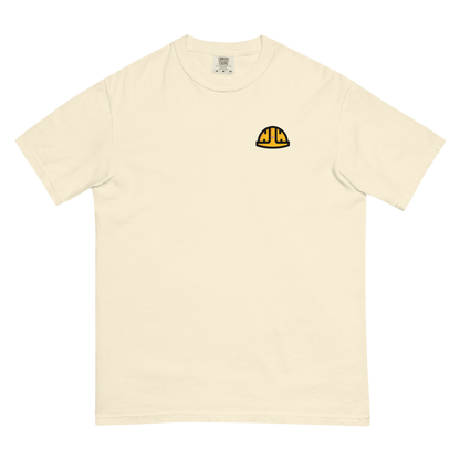 Flat front view of the Ivory Work Hard Icons relaxed-fit T-shirt with the original yellow helmet on the wearer-left chest.