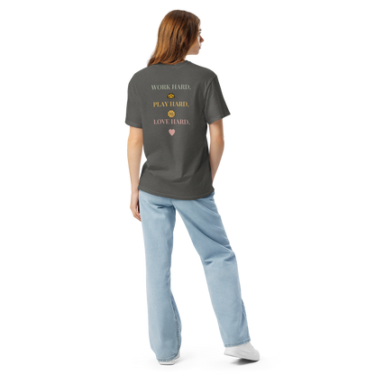 Full-length model wearing the Pepper Work Hard Icons relaxed-fit T-shirt, showing the back slogan and helmet, basketball with a bear-head emblem, and heart.