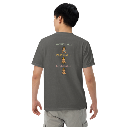 Model wearing the Pepper Work Hard Three Bears relaxed-fit T-shirt, showing the back slogan and three helmeted bears with a laptop, basketball, and heart.