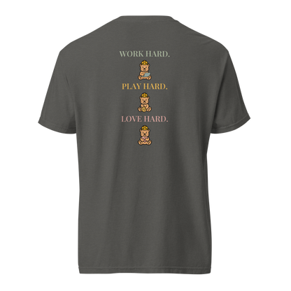 Back view of the Pepper Work Hard Three Bears relaxed-fit T-shirt, showing the back slogan and three helmeted bears with a laptop, basketball, and heart.