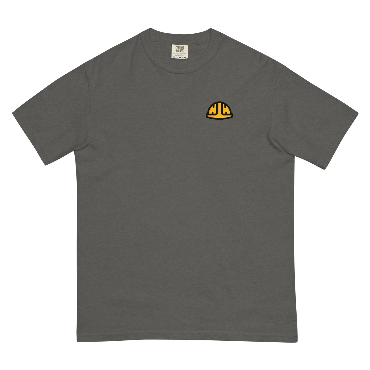 Flat front view of the Pepper Work Hard Three Bears relaxed-fit T-shirt with the original yellow helmet on the wearer-left chest.