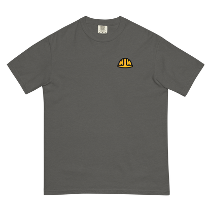 Flat front view of the Pepper Work Hard Three Bears relaxed-fit T-shirt with the original yellow helmet on the wearer-left chest.